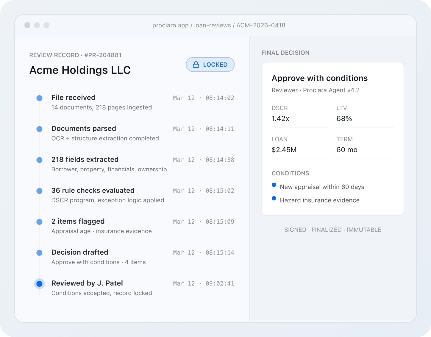 Proclara locked review record with audit trail and final decision